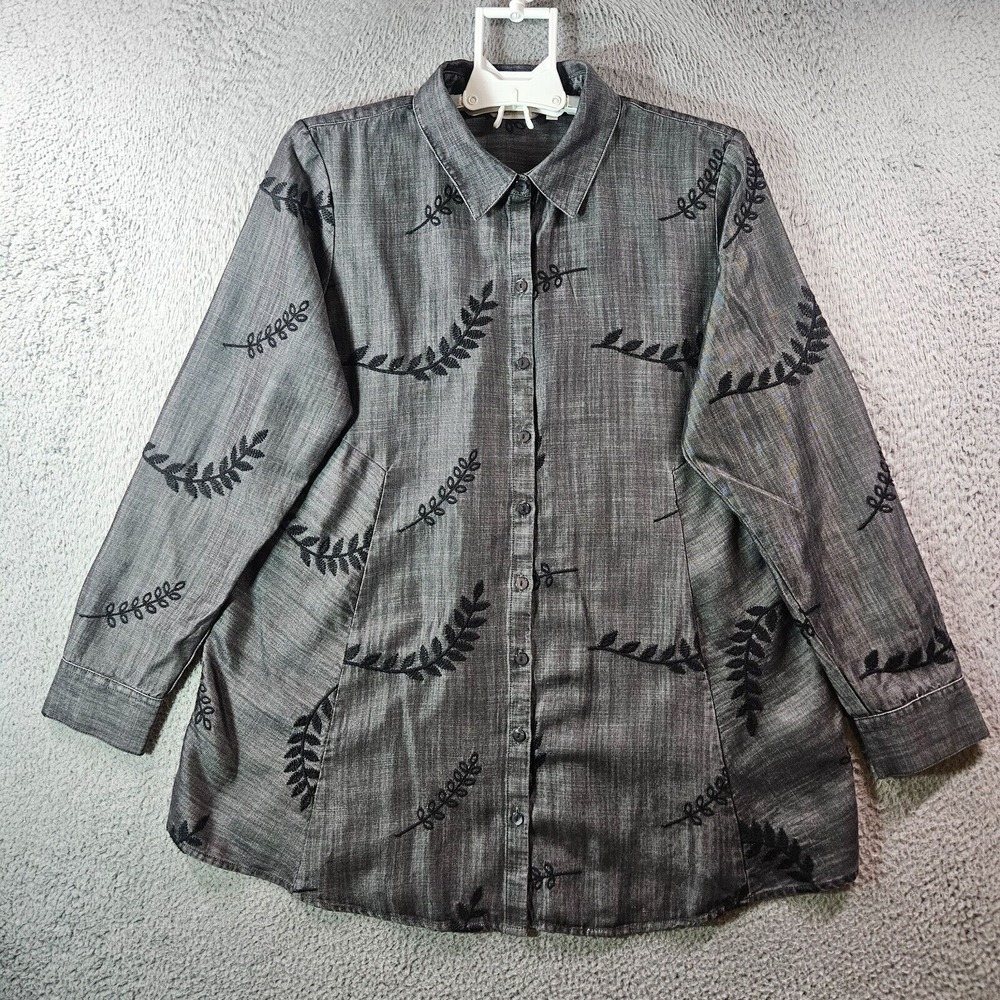 Soft Surroundings Tunic Shirt Top Women Large Leaf Embroidered Black Lyocell
